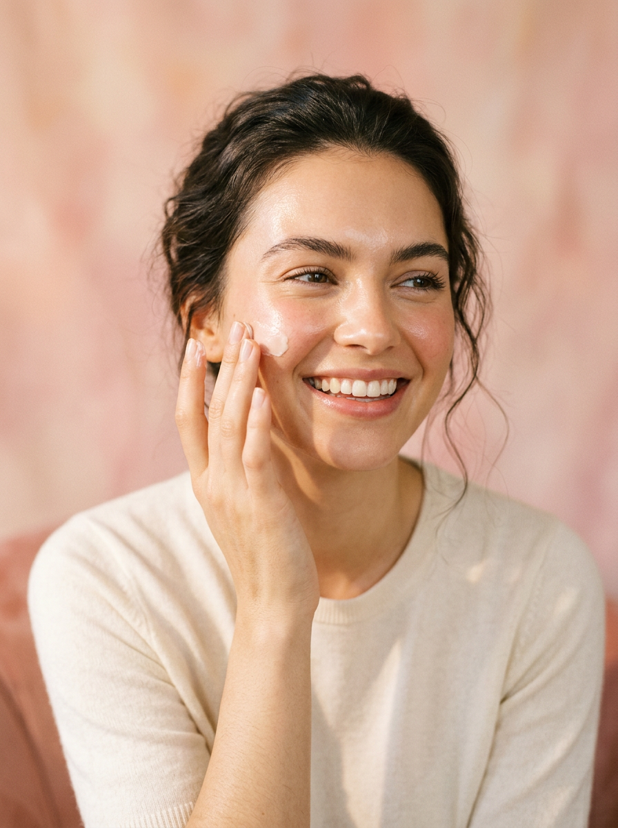 Femme à la peau éclatante appliquant un soin Kady Glam